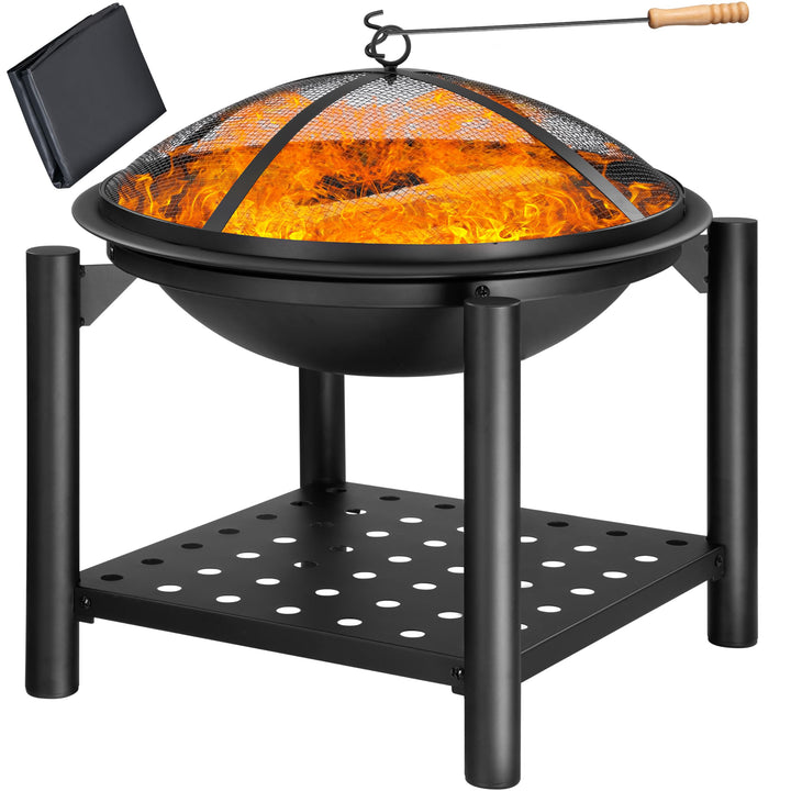 GARDEBRUK® Feuersschale mit Funkenschutz Rund Ø55cm Schürhaken Ablagefach Stahl Schwarz Terrasse Gar