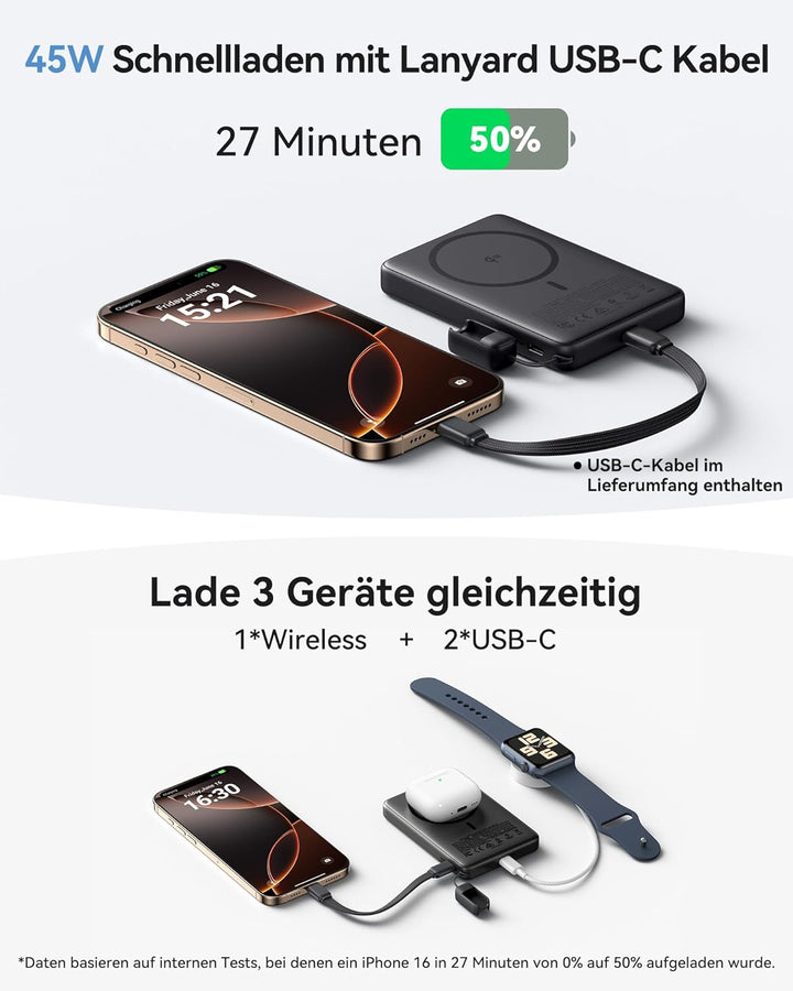 INIU Qi2-zertifizierte 45W Magnetische Powerbank, 10000mAh Ultradünn Externe Batterie, USB C in&amp;Out