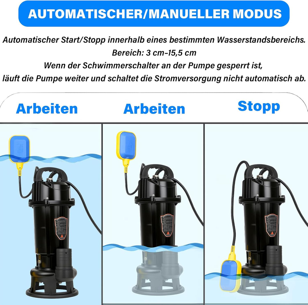 Schmutzwasserpumpe mit integriertem Schwimmerschalter, Abwassertauchpumpe Tauchpumpe 1100W, 10000 L/