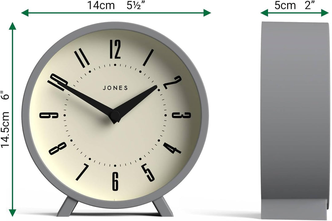 JONES CLOCKS® Venus schreibtischuhr | Modernes rundes Design | Grau | Stilvoller retrolook für Regal