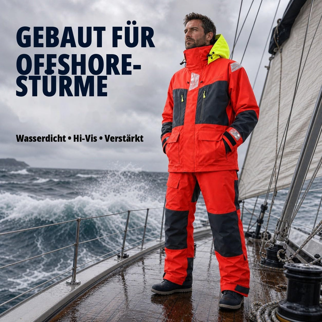 Herren Offshore Segelanzug 3-Lagen Wasserdicht Atmungsaktiv - Profi Segeljacke mit Neon-Kapuze & Ref