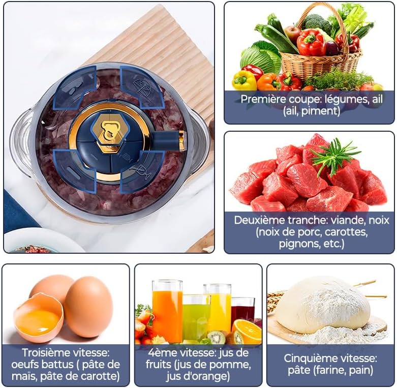 Zerkleinerer Elektrisch 500 W, 5L Elektrischer Fleischwolf mit 5 Geschwindigkeit und 6-Edelstahlklin