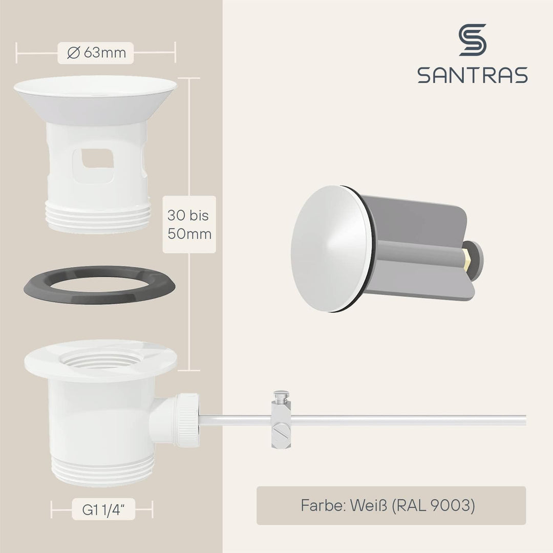 SANTRAS® Exzenter Ablaufgarnitur PREMIUM für Waschtisch mit Schutz vor Überlauf in Weiss – Komplette