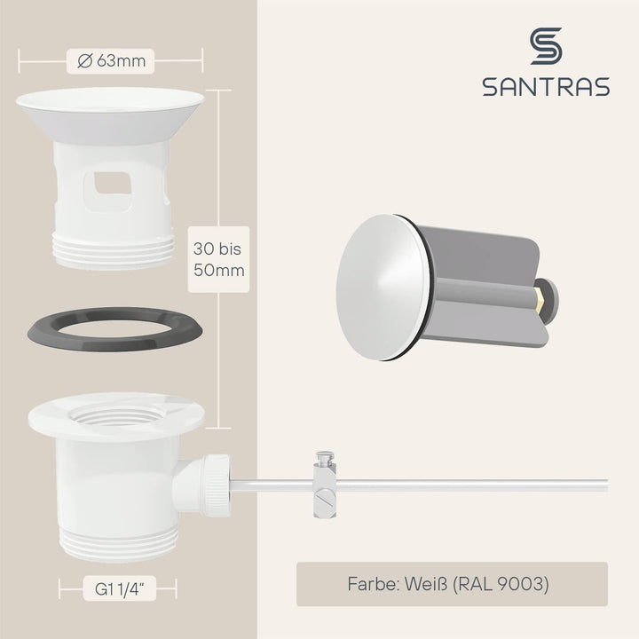 SANTRAS® Exzenter Ablaufgarnitur PREMIUM für Waschtisch mit Schutz vor Überlauf in Weiss – Komplette