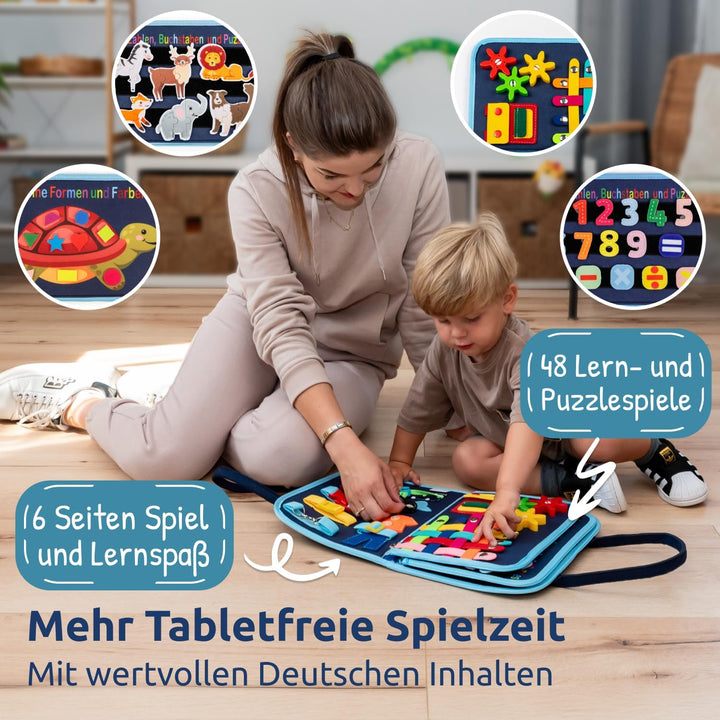 Mallie® Busy Board Deutsch inkl. Gratis Reisetasche & Montessori Buch und Perfekt für Reisen im Auto