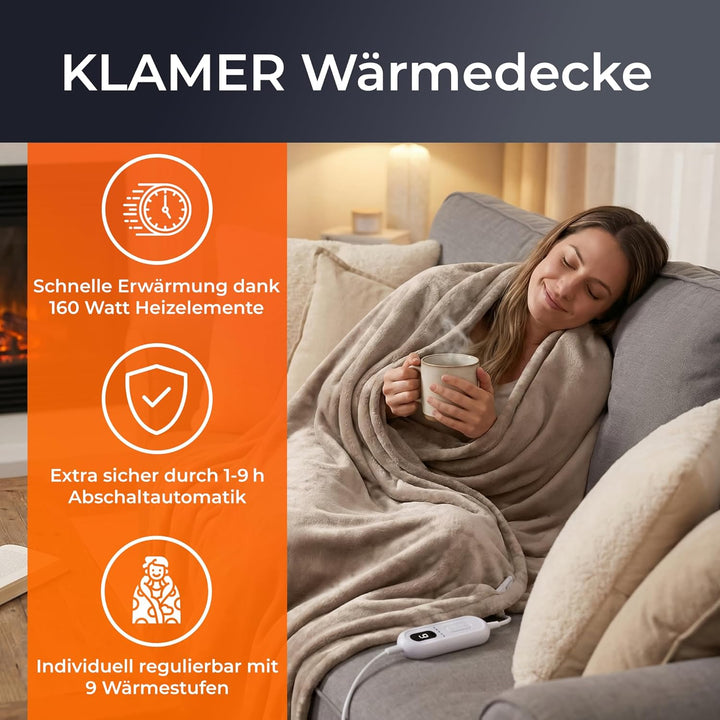 KLAMER Heizdecke mit Abschaltautomatik, 180x130 cm, waschbare Wärmedecke, 9 Temperaturstufen, elektr