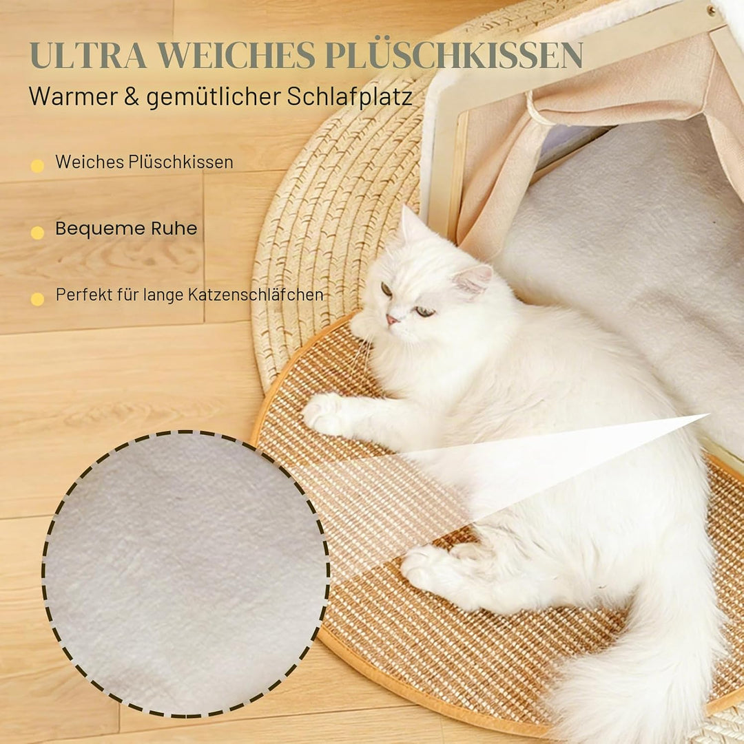 2-in-1 Katzenhaus Mit Kratzbrett Aus Holz, Katzenzelt Indoor Mit Sisal Kratzfläche Und Weichem Plüsc
