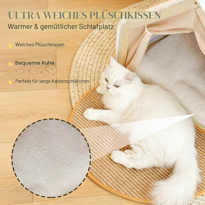 2-in-1 Katzenhaus Mit Kratzbrett Aus Holz, Katzenzelt Indoor Mit Sisal Kratzfläche Und Weichem Plüsc