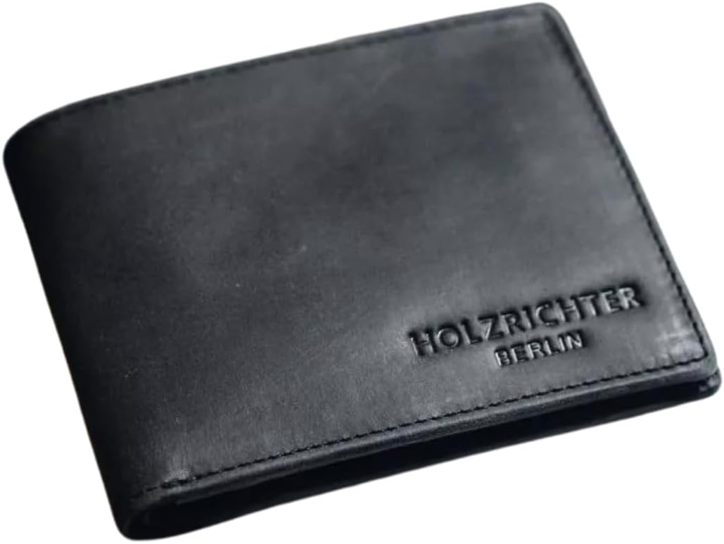 HOLZRICHTER Berlin Geldbörse Klein - Handgefertigtes Portemonnaie aus Leder für Herren Quer - Schwar