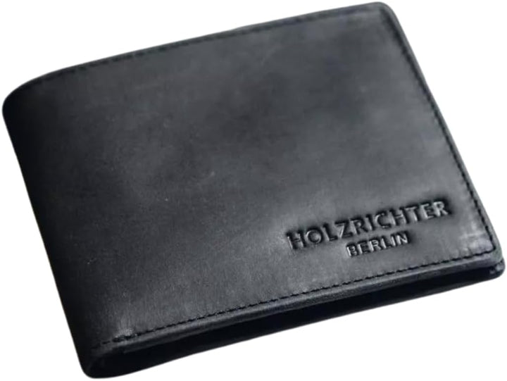 HOLZRICHTER Berlin Geldbörse Klein - Handgefertigtes Portemonnaie aus Leder für Herren Quer - Schwar
