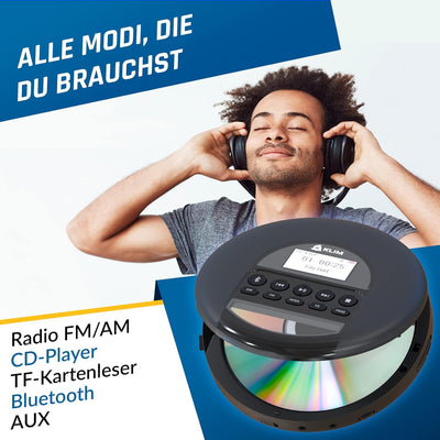 KLIM Nomad - NEU 2023 - Tragbarer CD-Player Discman mit langlebigem Akku - Inklusive KLIM Fusion Kop