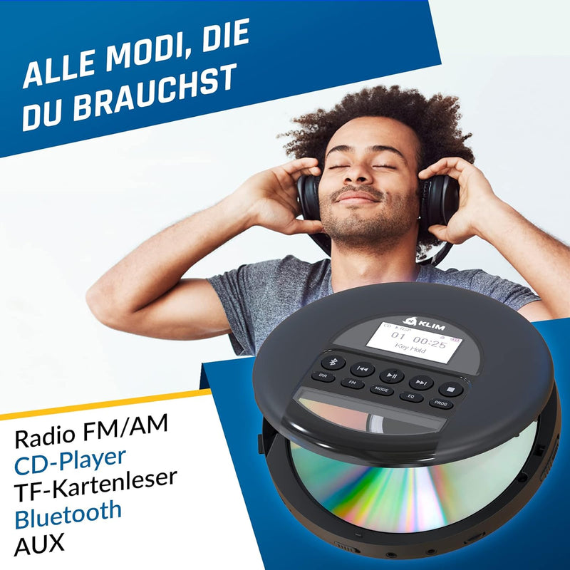 KLIM Nomad - NEU 2023 - Tragbarer CD-Player Discman mit langlebigem Akku - Inklusive KLIM Fusion Kop