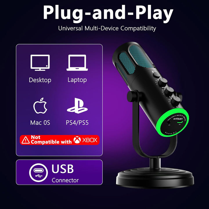 Ortizan Gaming Mikrofon für PC, Kondensatormikrofon mit Geräuschunterdrückung und RGB-Beleuchtung, S