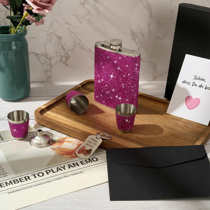 Flachmann Edelstahl mit Leder 240ml und 4 Shot Becher Set – Rosa, ideal für Reisen, JGA, Party und G
