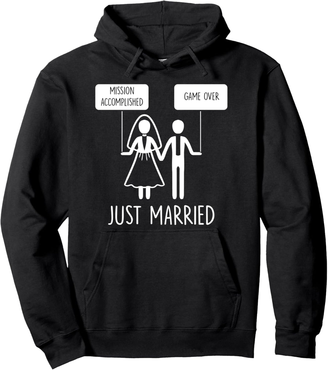 Just Married Game Over Bride Groom Line Art Minimal Men Gift Pullover Hoodie