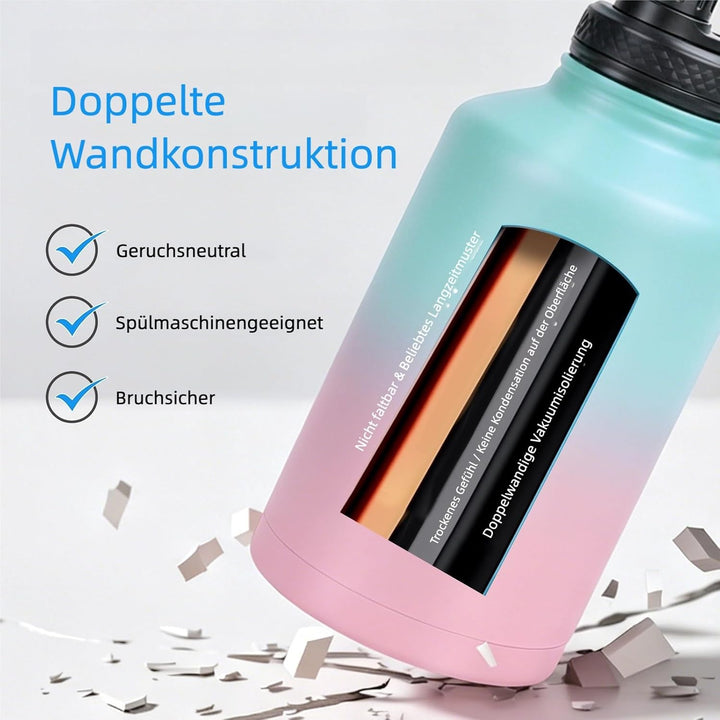 Edelstahl trinkflasche 1.9L - Isolierflasche mit Strohhalm &amp; 2 Deckeln - 100% Auslaufsicher - Reinig