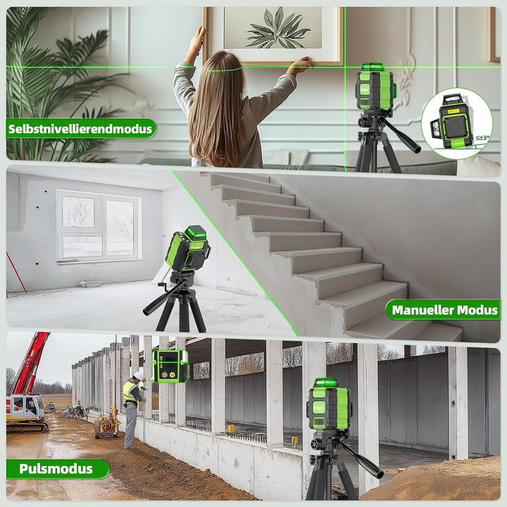 Huepar Kreuzlinienlaser 360 grün, selbstnivellierend, wiederaufladbar, Laser Wasserwaage 3x360°, 3D-