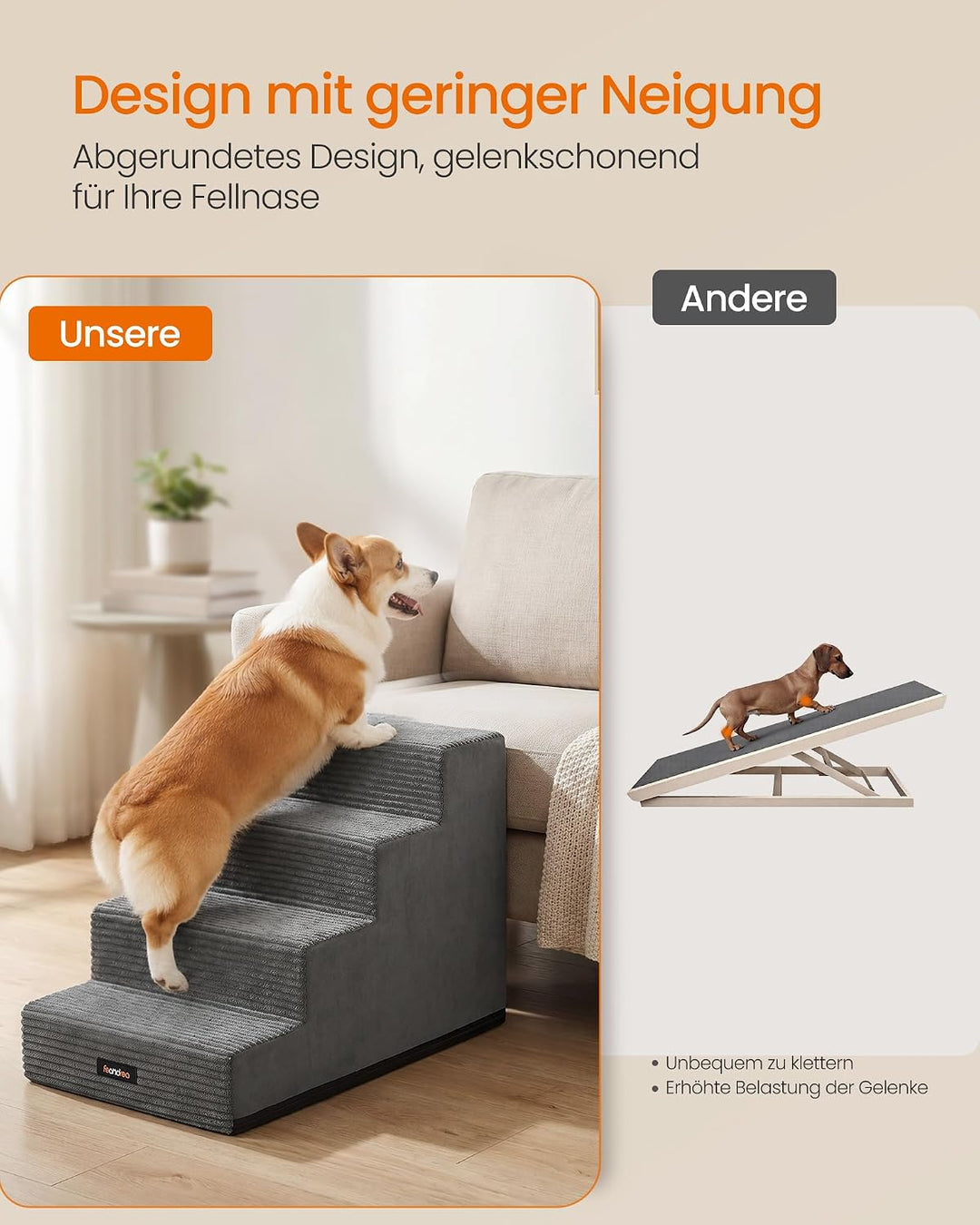 Feandrea Hundetreppe, 4 Stufen Katzentreppe aus Schaumstoff, Hunderampe für Kleine Hunde, 62 x 40 x