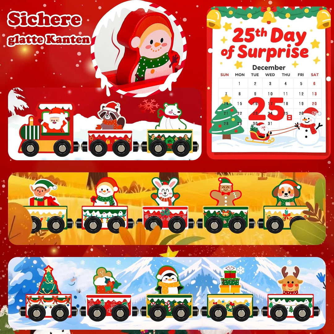 Adventskalender 2025 Holz Eisenbahn Kinder, 24 Tage Weihnachten Adventskalender Zug,Kinderspielzeug