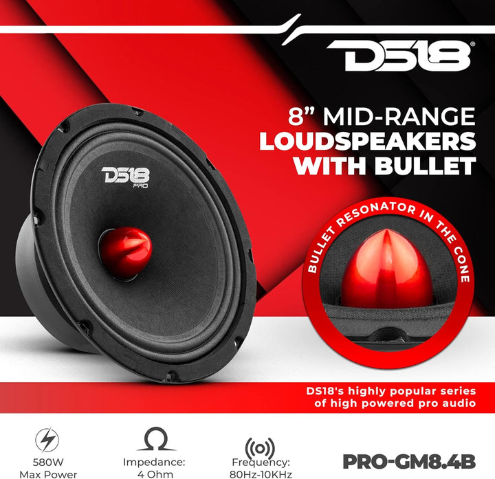 DS18 Car Midrange Speaker 8" Inch 660w Watt 4Ohm Bass Loudspeaker PRO-GM8.4B Bullet 8-Inch 4-Ohms, B