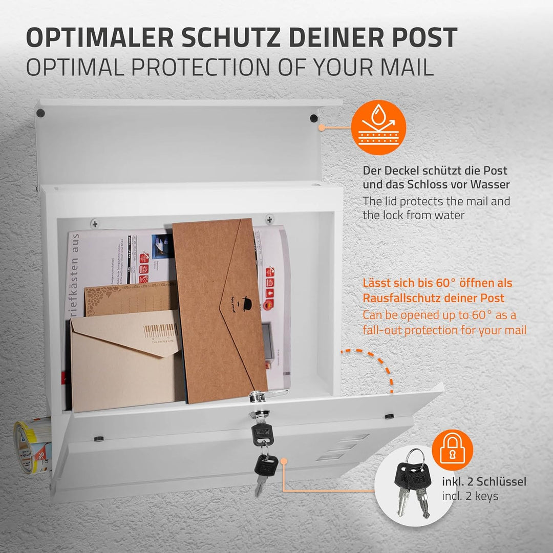 ECD Germany Briefkasten in Weiss mit Zeitungsfach, Schloss und 2 Schlüsseln, inkl. Montagematerial,