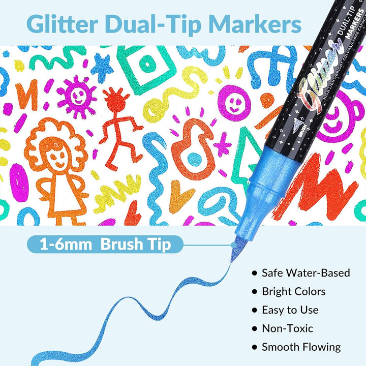 KEMYR Glitzer-Effekt-Pinsel-Marker, 96 Farben, Doppelspitze, Glitzerstifte, Set mit 48 metallischen