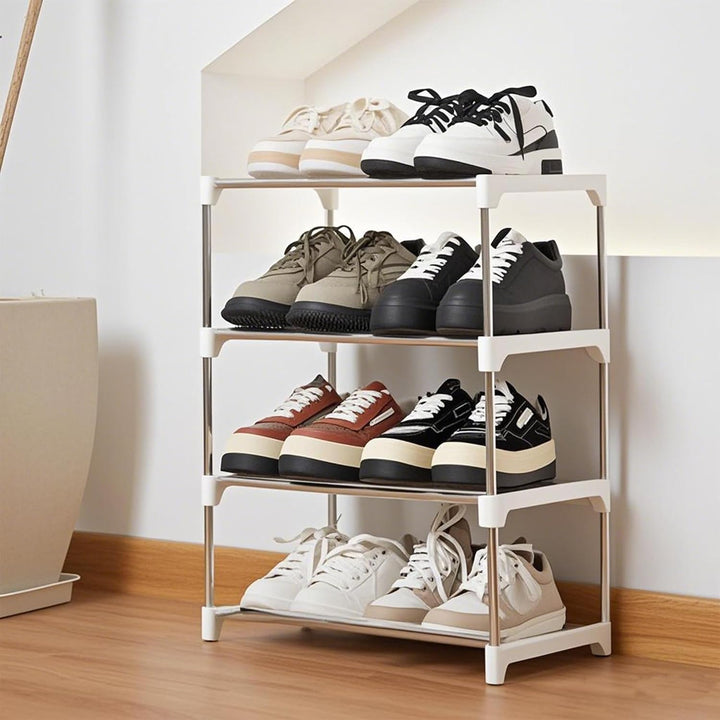 OLYREO Weisses Schuhregal Klein 4 Etagen, Stapelbar Leichtes Schuhregal, Schuhaufbewahrung, Schuh-Or