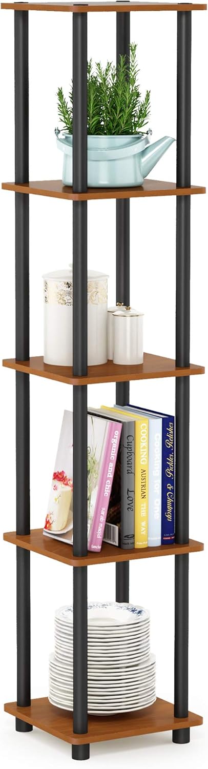 Furinno Viereckiges Regal mit 5 Ebenen, Kirsche hell/Schwarz, 29.46 x 29.46 x 146.56 cm Runde Rohre