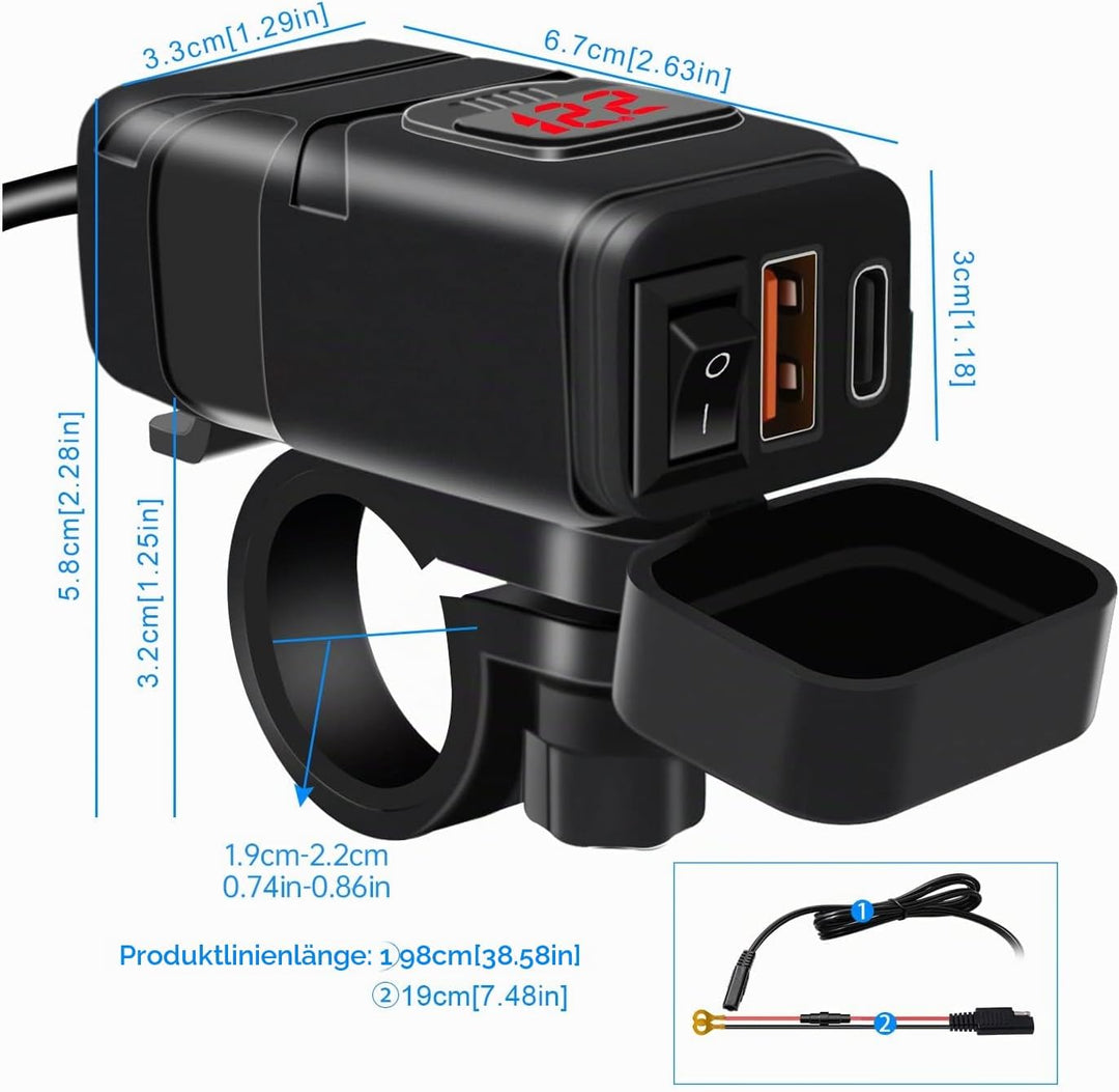 12V Steckdose Auto Ladegerät mit Schalter, KFZ QC3.0 PD Type C USB mit Switch, Wasserdicht für KFZ W