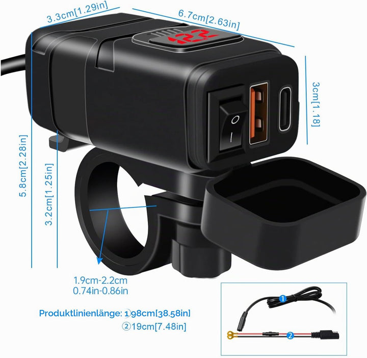 12V Steckdose Auto Ladegerät mit Schalter, KFZ QC3.0 PD Type C USB mit Switch, Wasserdicht für KFZ W