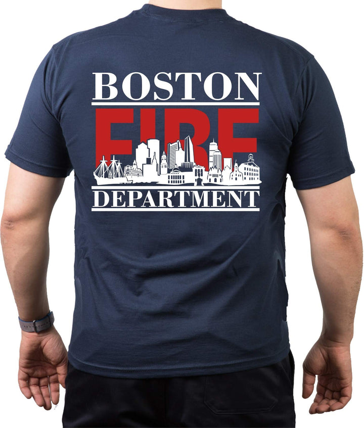 feuer1 T-Shirt Navy, Boston Fire Dept. mit Boston-Skyline (rot/Weiss) XL Blau, XL Blau