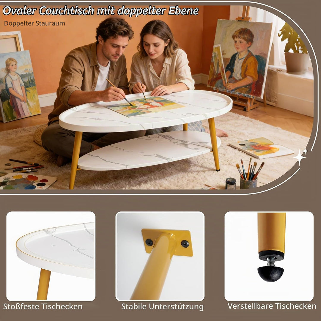 Couchtisch Oval Holz | Wohnzimmertisch Sofatisch mit Metallrahmen | Einfacher Aufbau, Industrie-Desi