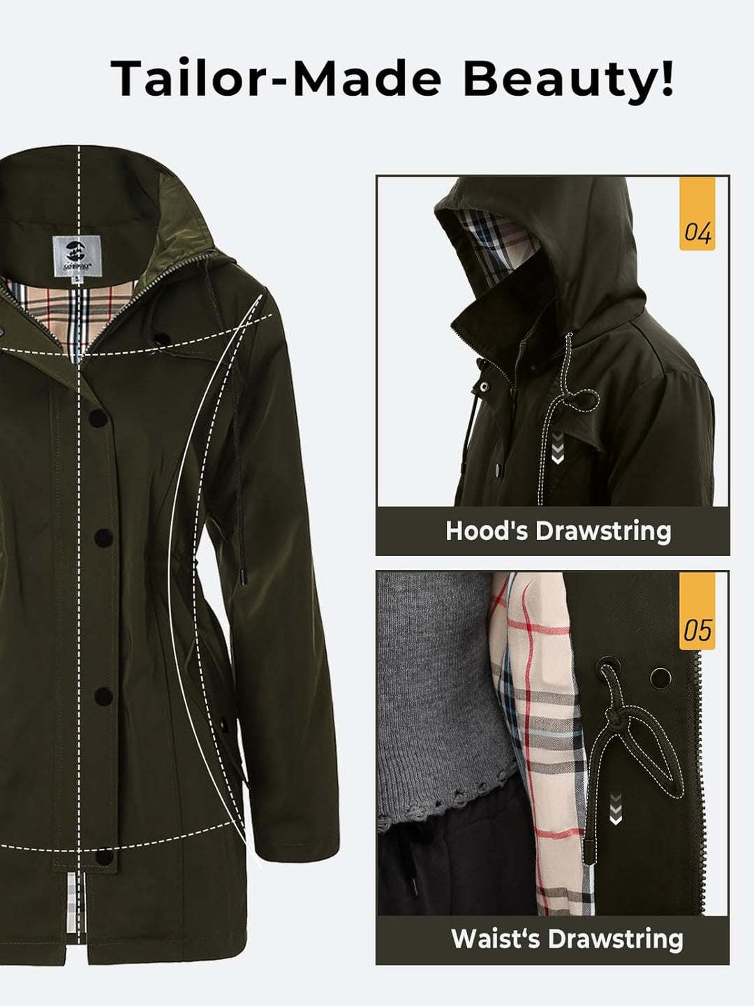 SaphiRose Women's Waterproof Rain Jacket Lightweight Raincoat Hooded Windbreaker Trench Coat S A.Arm