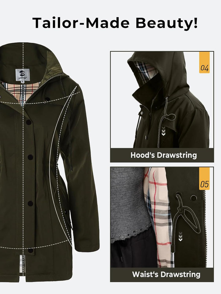 SaphiRose Women's Waterproof Rain Jacket Lightweight Raincoat Hooded Windbreaker Trench Coat S A.Arm