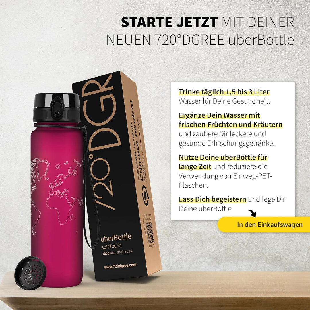 720°DGREE Trinkflasche 1l mit Motiv “uberBottle“ +Sieb - Auslaufsicher, Leicht, BPA-Frei, Bruchsiche