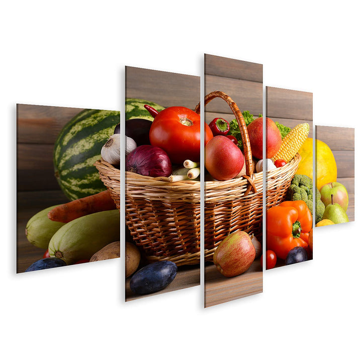islandburner Bild auf Leinwand Korb Mit Bio Obst Und Gemüse Auf Holzuntergrund Bilder Wandbilder Pos