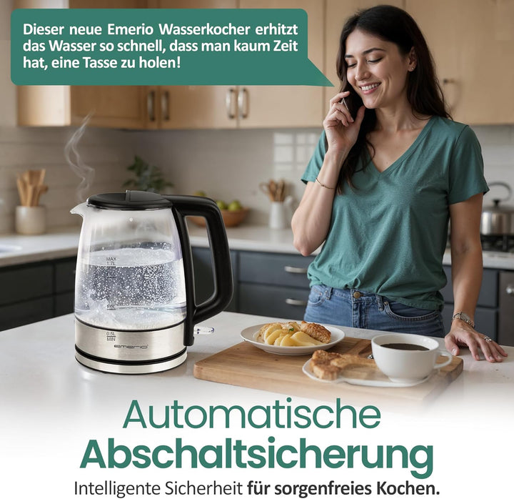 EMERIO Glas Wasserkocher mit 1.7 Liter Volumen | 2200 Watt | blaue LED Innenbeleuchtung | 360° Basis