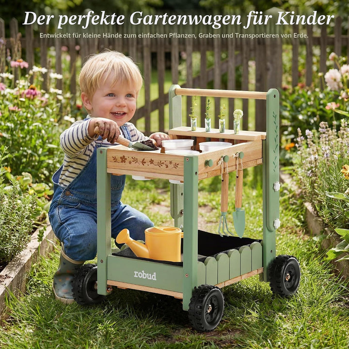ROBUD Kinder Gartengeräte mit Holzwagen, Gartenwerkzeug mit Giesskanne, Schaufel, Handrechen, Pflanz