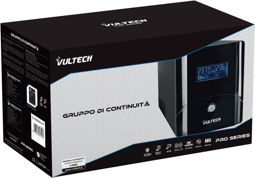 Vultech UPS2000VA-PRO Line Interactive Unterbrechungsfreie Stromversorgung mit LCD, Schwarz [Italien