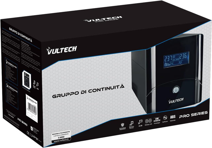 Vultech UPS2000VA-PRO Line Interactive Unterbrechungsfreie Stromversorgung mit LCD, Schwarz [Italien