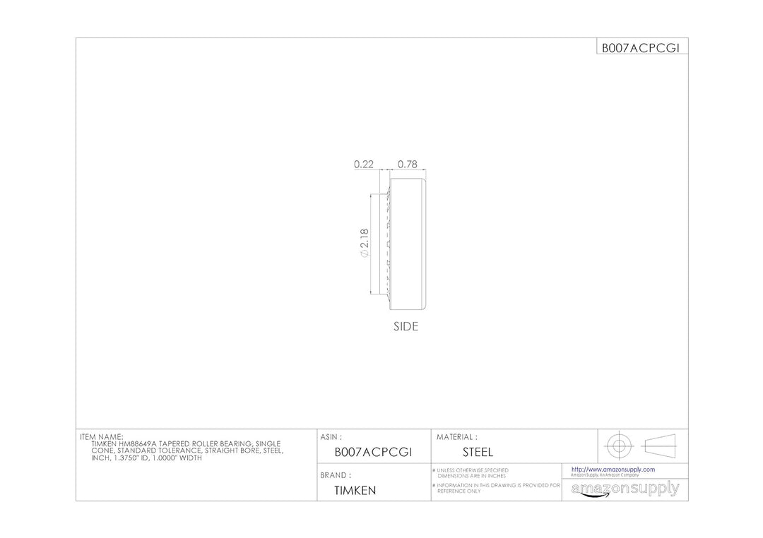 Timken HM88649A Kegelrollenlager, Einzelkegel, Standardtoleranz, gerader Bohrung, Stahl, Zoll: 1,375