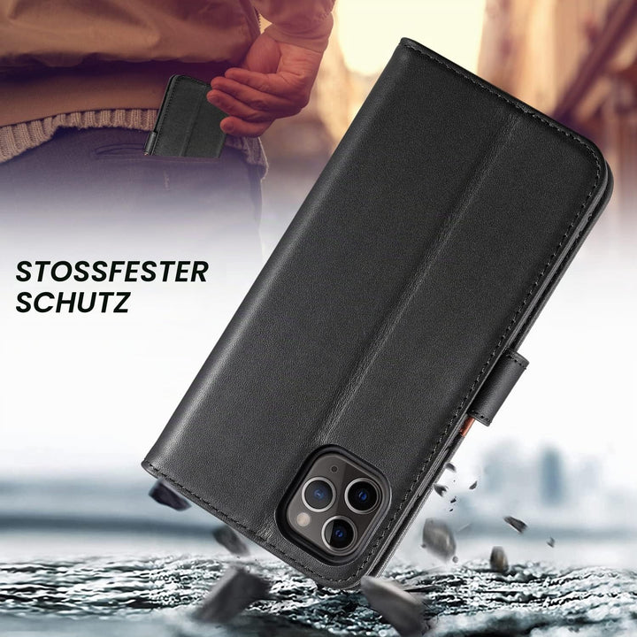 LENSUN Echtleder Hülle für iPhone 11 Pro Max, Handyhülle Flip Cover [Echtes Leder][Kartenfach][RFID