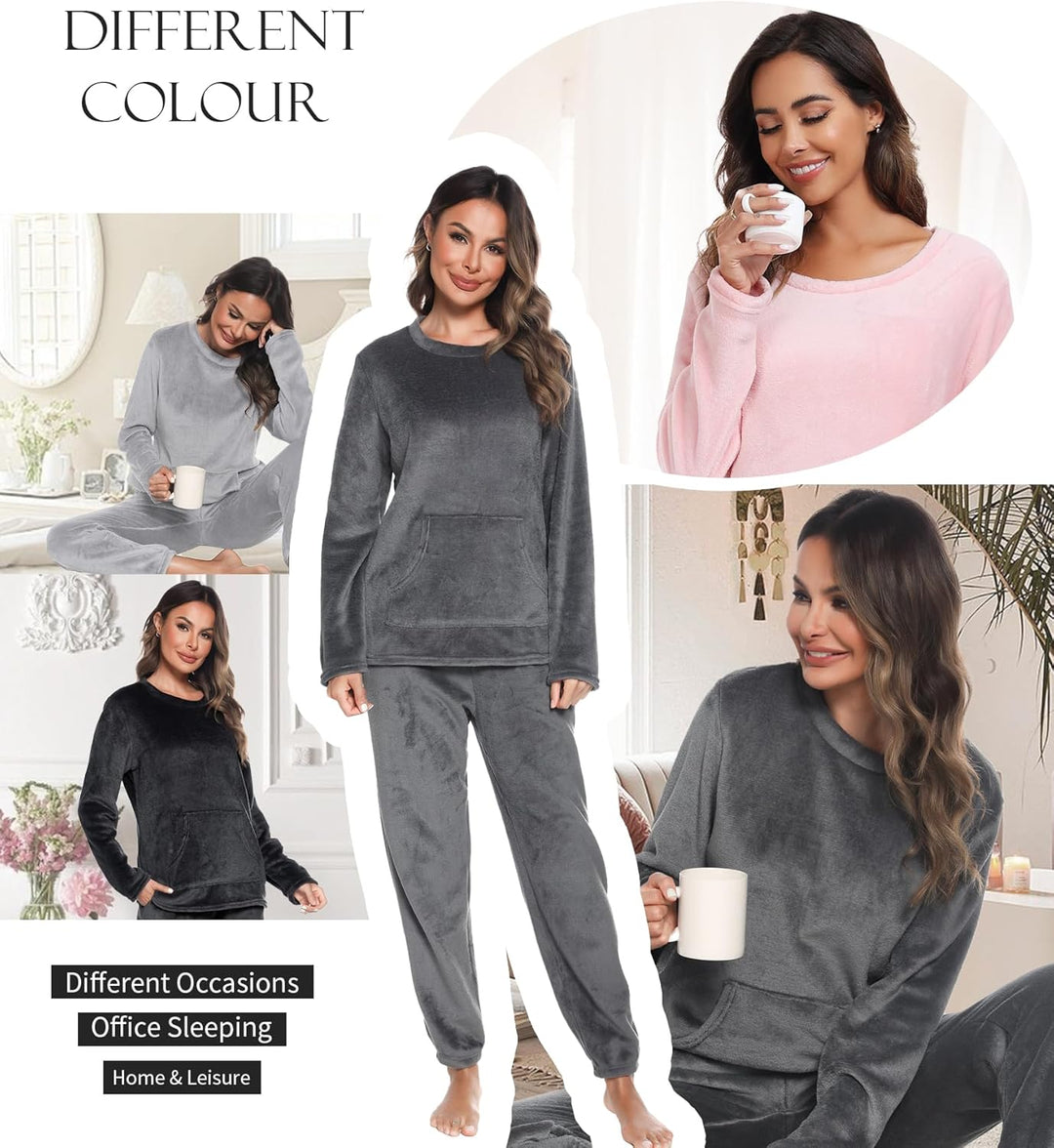 Lovasy Fleece Schlafanzug Damen Lang Winter Warmer Pyjama Set Flauschiger Frottee Schlafanzüge für D