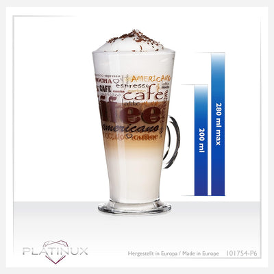 PLATINUX Kaffeegläser mit Motiv max. 280ml Set 6-Teilig aus Glas Latte Macchiato Gläser mit Griff Ca
