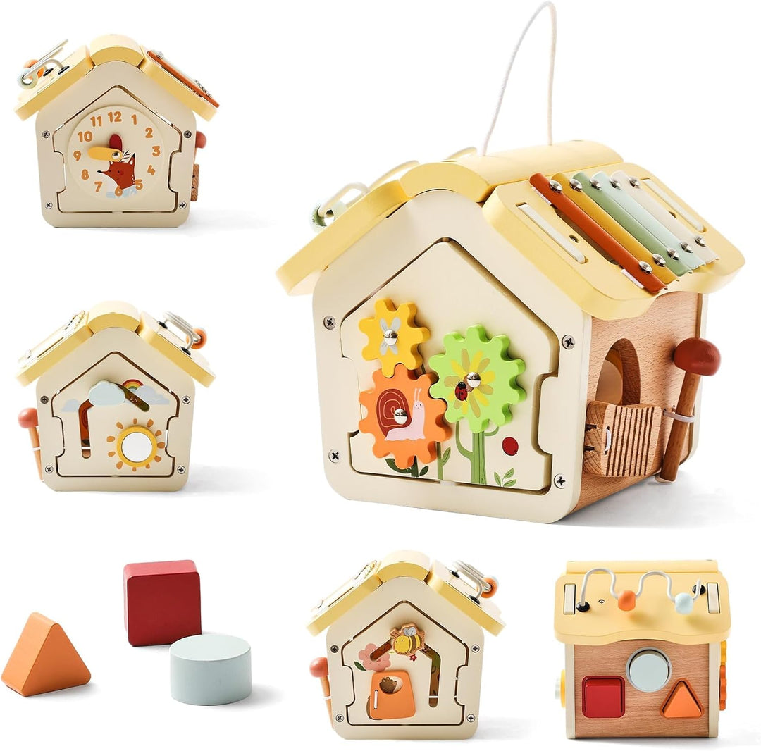 Youuys Montessori Motorikwürfel holzspielzeug Montessori Spielzeug ab 1 Jahr 10 in 1（Beige Haus） Hol