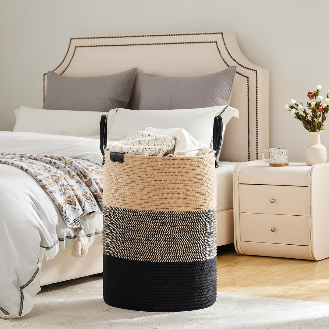 VIPOSCO Grosser Wäschekorb von Laundry mit Ledergriff, gewebter Aufbewahrungskorb für Decke, Spielze
