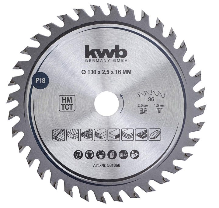 kwb Kreissägeblatt 130 x 16 mm, sehr feiner Schnitt, Sägeblatt geeignet für Arbeitsplatten, Holz und