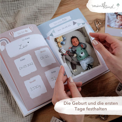mintkind® Babyalbum "Dein erstes Lebensjahr" A5 Natur + Sticket Set | Baby Fotoalbum zum Selbstgesta