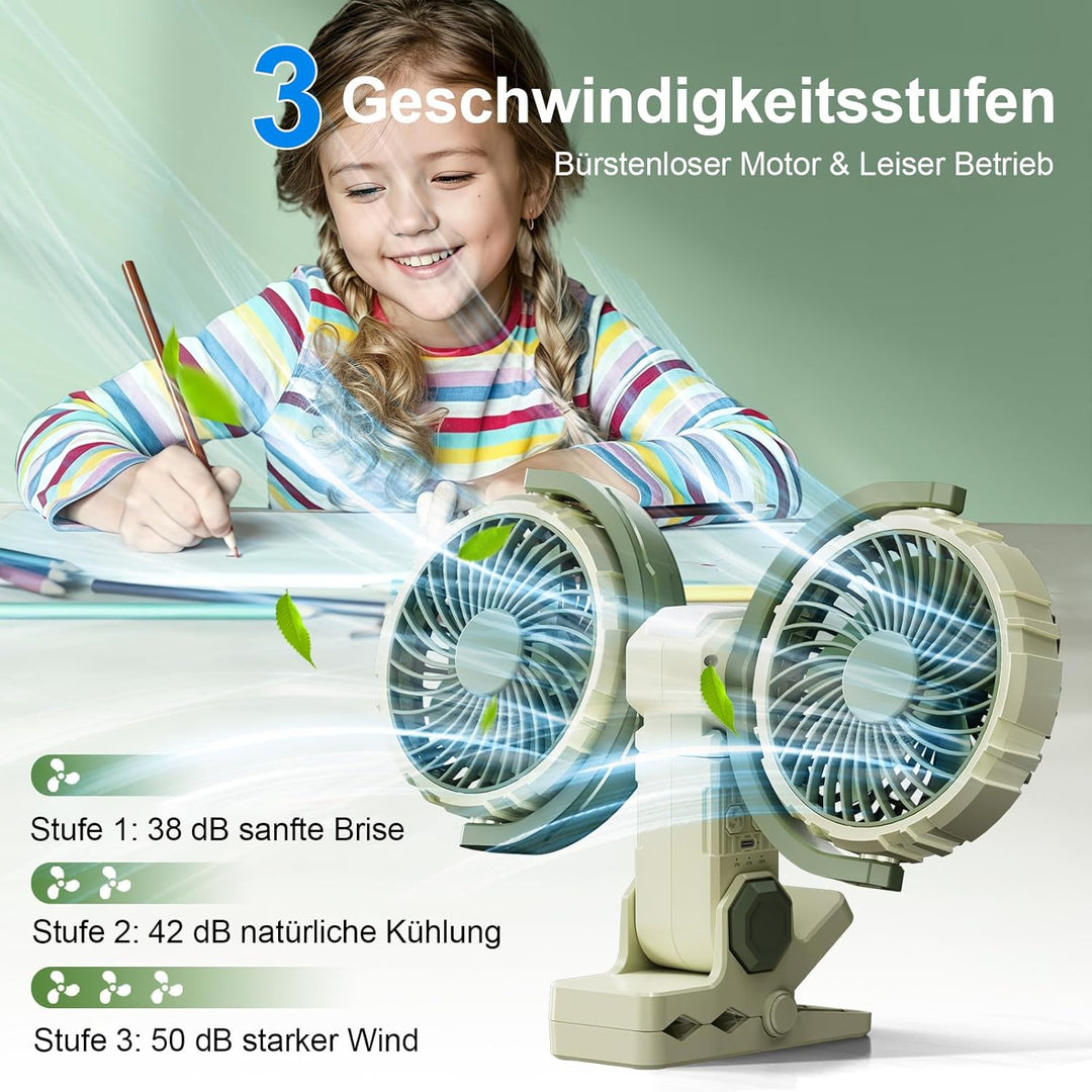 Clip Ventilator Akku mit Licht, USB C Aufladbar Leise Fan Doppelkopf Wandventilator,Stark Lufter Kle