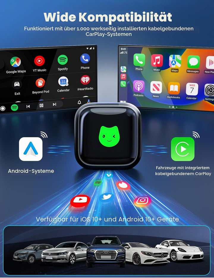 CarPlay Wireless Adapter für Apple 2026 Upgrade, Wired zu Wireless CarPlay, USB &amp; Type-C Dual-Port,
